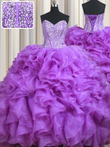 New Style Lilac Vestidos de Quinceanera Military Ball and Sweet 16 and Quinceanera with Beading and Ruffles Sweetheart Sleeveless Sweep Train Lace Up