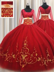 Clearance Square Floor Length Ball Gowns Long Sleeves Red Quinceanera Gowns Zipper
