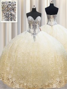 Champagne Lace Up Ball Gown Prom Dress Beading and Appliques Sleeveless Floor Length