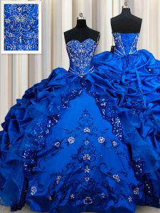 Elegant Floor Length Lace Up Sweet 16 Dresses Royal Blue for Military Ball and Sweet 16 and Quinceanera with Beading and Embroidery and Sequins and Pick Ups