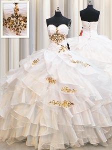 White Lace Up Ball Gown Prom Dress Beading and Ruffled Layers Sleeveless Floor Length