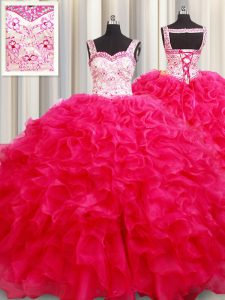 Straps Sleeveless Organza Floor Length Lace Up 15 Quinceanera Dress in Hot Pink with Embroidery and Ruffles