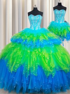 Captivating Three Piece Multi-color Lace Up Quinceanera Dresses Beading and Ruffled Layers Sleeveless Floor Length