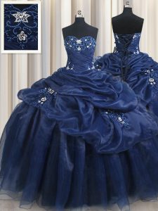 Navy Blue Sleeveless Floor Length Appliques and Pick Ups Lace Up Quince Ball Gowns