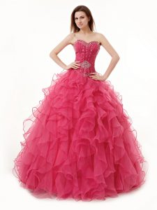 Coral Red A-line Sweetheart Sleeveless Organza Floor Length Lace Up Beading and Ruffles Sweet 16 Dresses