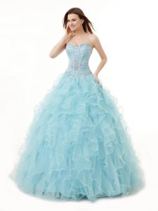 Light Blue Sleeveless Organza Lace Up Sweet 16 Quinceanera Dress for Military Ball and Sweet 16 and Quinceanera
