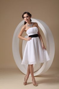 White A-line Strapless Dress for Quince Dama with Black Sash on Promotion
