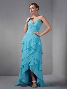 Low Price Light Blue Column Straps Quince Dama Dress with Ruching
