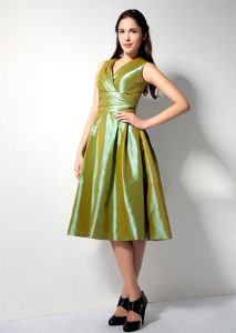 A-line V-neck Ruched Taffeta Quince Dama Dress in Olive Green on Sale