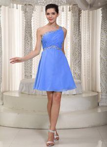 Blue One Shoulder Mini-length Chiffon Fabulous Dama Dress with Ruches