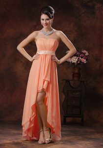 Exquisite Orange High-low Zipper-up Quinceanera Dama Dresses with Belt