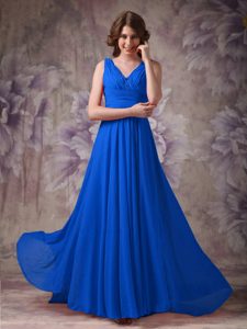Blue V-neck Ruched and Beaded Chiffon Beautiful 16 Dresses for Damas