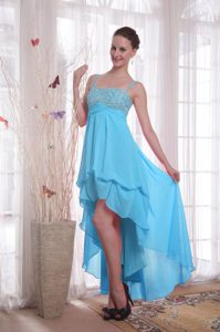 Dressy Baby Blue High-low Chiffon Beaded Dama Dress for Quinceaneras