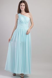Light Blue Empire One Shoulder Ankle-length Ruched 2014 Dama Dress for Quinceanera