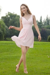 Baby Pink Empire V-neck Mini-length Chiffon 2014 Dama Dress for Quince Ruched
