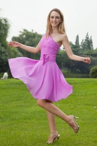 Lavender One Shoulder Knee-length Chiffon Ruched Dama Dress for Quince on Sale