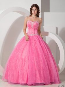 Pink Satin and Organza Inexpensive Quince Dresses with Appliques