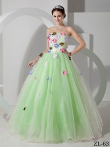 Strapless Apple Green Sweet 16 Dresses with Flowers for Custom Made