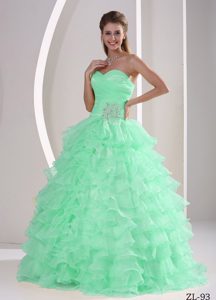 Cheap Ruched Organza Quinceanera Dress with Ruffles in Apple Green