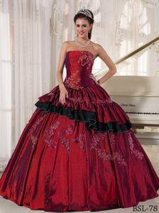Strapless Affordable Taffeta Wine Red Quinceanera Dress with Beading