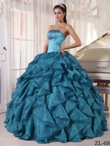 Cute Strapless Satin and Organza Sweet Sixteen Quince Dress in Teal