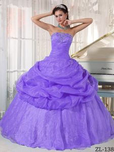 Strapless Organza Ball Gown Quince Dress with Appliques in Lavender