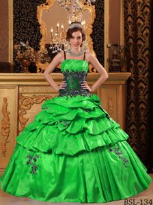 Green Straps Dress for Quince with Appliques in Taffeta on Promotion
