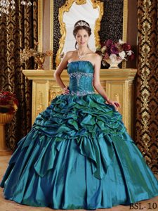 Strapless Cheap Taffeta Quinceaneras Dress in Teal with Embroidery