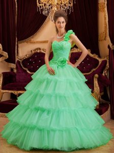 Apple Green Perfect Ruffled Quinceanera Dresses with One Shoulder