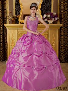 Appliqued Taffeta Cheap Lavender Dress for Quinceanera with Halter