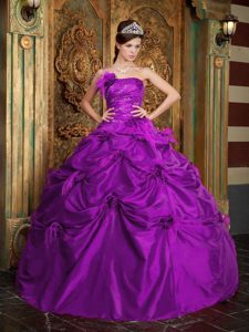 Strapless Taffeta Low Price Quinceaneras Dress with Flowers in Purple