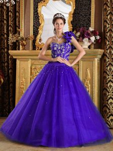 Cheap One Shoulder Purple Quinceanera Dress with Beading in Tulle