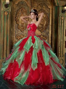 Strapless Low Price Red Sweet 15 Dresses with Beading and Ruffles