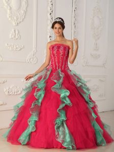 Discount Red and Green Dress for Quinceanera with Beading in Tulle