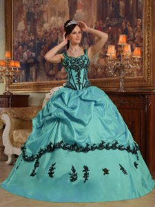 Straps Low Price Turquoise Taffeta Quinceanera Dress with Appliques