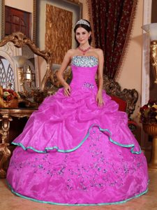 Discount Beaded Dress for Quince Strapless with Appliques in Hot Pink