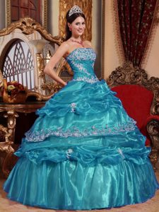 Most Popular Strapless Organza Quinceanera Dress with Appliques in Teal