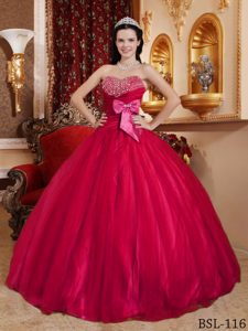 Red Sweetheart Beaded Sweet 16 Dress with Bowknot in Tulle and Taffeta