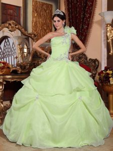 One Shoulder Organza Quinceanera Dresses with Appliques in Yellow Green