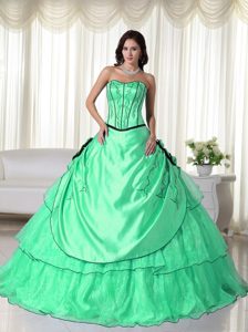 Apple Green Strapless Organza Dresses for Quince with Beading for Cheap