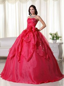 Brand New Red Strapless Quinceanera Dresses in Organza with Appliques