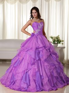 Romantic Sweetheart Organza Dresses for Quince with Ruffles in Purple