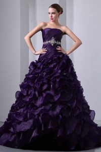 Dark Purple Strapless Taffeta and Organza Quinceanea Dress with Ruffles