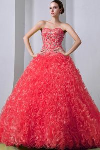 Watermelon Sweetheart Organza Quinceanea Dress with Beading and Ruffles