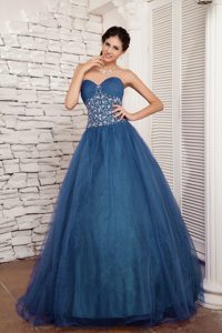Latest Turquoise A-line Elegant Dress for Quince with Beading in Tulle