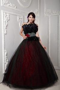 Black and Red Strapless Tulle Quinceanera Dress with Beading and Feather