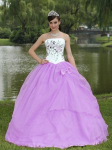 Embroidery Strapless Lavender Quinceanera Dress with Bowknot in Organza
