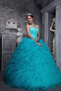 Exclusive Aqua Blue Quinceanera Dress with Ruffles in Taffeta and Organza