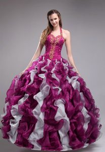 Fuchsia Halter Top Organza Quinceanera Dress with Appliques and Ruffles