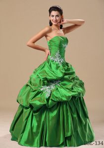 Green Strapless Pick-ups Floor-length Appliques Quincenera Dresses